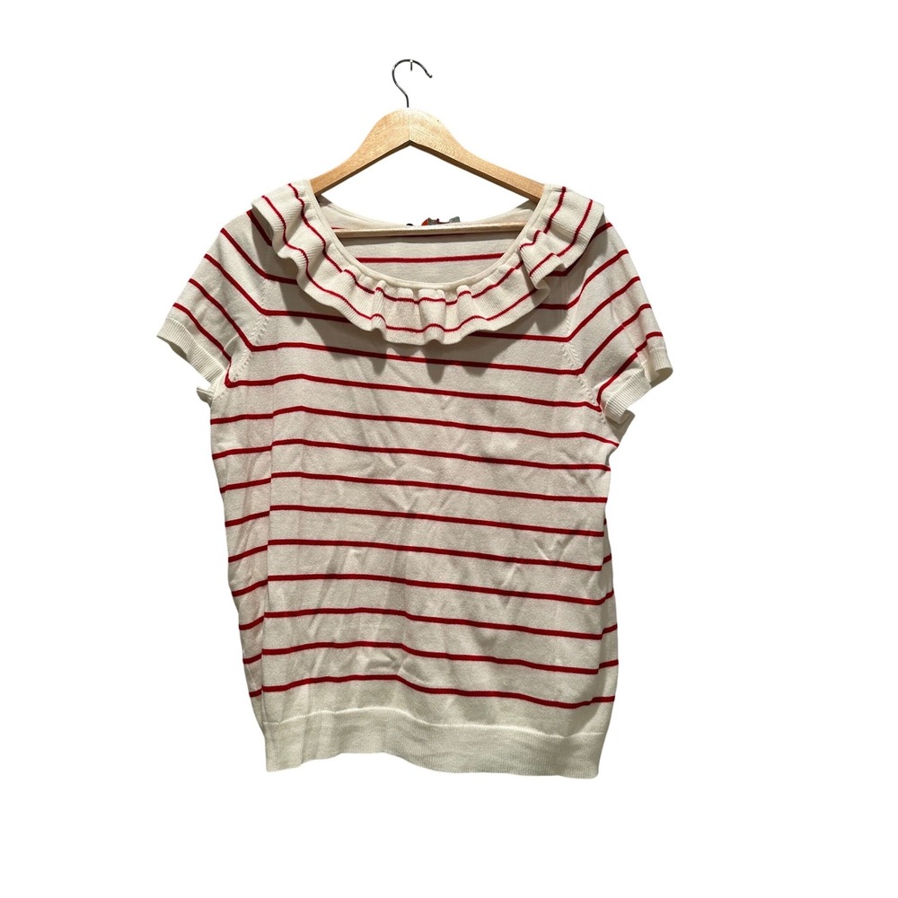 ModCloth Ruffle Collar Knit‎ Top Red Stripe Coquette Chic Cottagecore XL